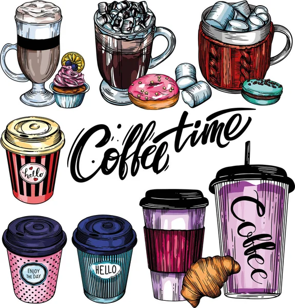 Illustration Vectorielle Café Tasses Café Différents Modèles Des Images Lumineuses — Image vectorielle