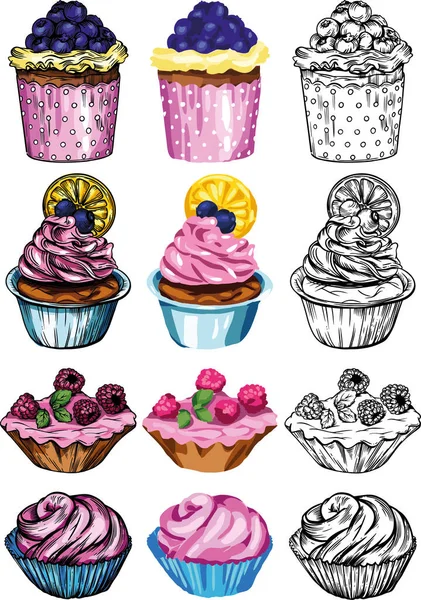 Ilustración Vectorial Dulces Pasteles Deliciosos Pasteles Colores Brillantes Jugosos Detalles — Archivo Imágenes Vectoriales