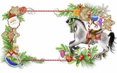 Noel vekil tebrik kartı. Noel oyuncakları, zencefilli kurabiye, Noel ağaçları, hediyeler ve böğürtlenlerle. Tatil broşürü ya da afişi için tasarım.