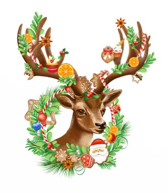 Noel oyuncakları ve ökseotu filizleriyle Noel geyiği çizimi.