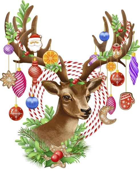 Christmas Deer Illustration Christmas Toys Mistletoe Sprigs — Stock Vector