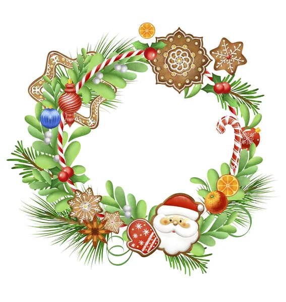 Χριστούγεννα Γύρο Διάνυσμα Ευχετήρια Κάρτα Χριστουγεννιάτικα Παιχνίδια Μελόψωμο Χριστουγεννιάτικα Δέντρα — Διανυσματικό Αρχείο