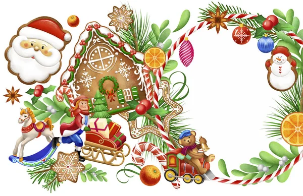 Χριστούγεννα Γύρο Διάνυσμα Ευχετήρια Κάρτα Χριστουγεννιάτικα Παιχνίδια Μελόψωμο Χριστουγεννιάτικα Δέντρα — Διανυσματικό Αρχείο