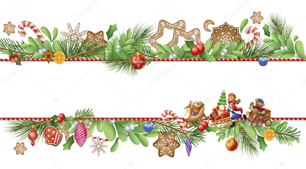 Christmas vector greeting card. With Christmas toys, gingerbread, Christmas trees, gifts and berries. Design for a holiday leaflet or banner.
