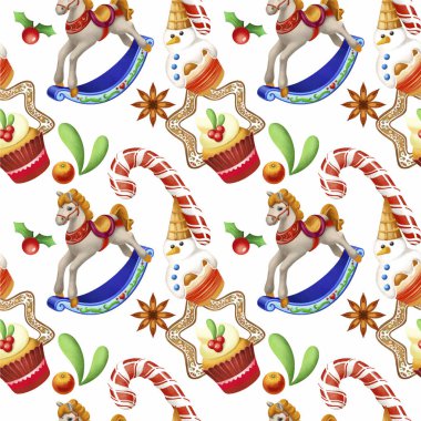 Kusursuz Noel baskısı. Noel Baba, zencefilli çörek, Noel oyuncakları, Noel süsleri, hediyeler. Paketler, tablolar, afişler, kapaklar için parlak renkli Noel deseni.