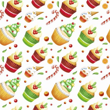 Kusursuz Noel baskısı. Noel Baba, zencefilli çörek, Noel oyuncakları, Noel süsleri, hediyeler. Paketler, tablolar, afişler, kapaklar için parlak renkli Noel deseni.