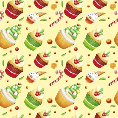 Kusursuz Noel baskısı. Noel Baba, zencefilli çörek, Noel oyuncakları, Noel süsleri, hediyeler. Paketler, tablolar, afişler, kapaklar için parlak renkli Noel deseni.