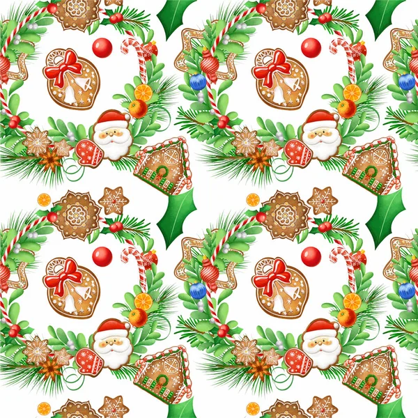 Vektornahtloser Weihnachtsdruck Weihnachtsmann Lebkuchen Weihnachtsspielzeug Weihnachtsdekoration Geschenke Bunte Weihnachtsmuster Für — Stockvektor