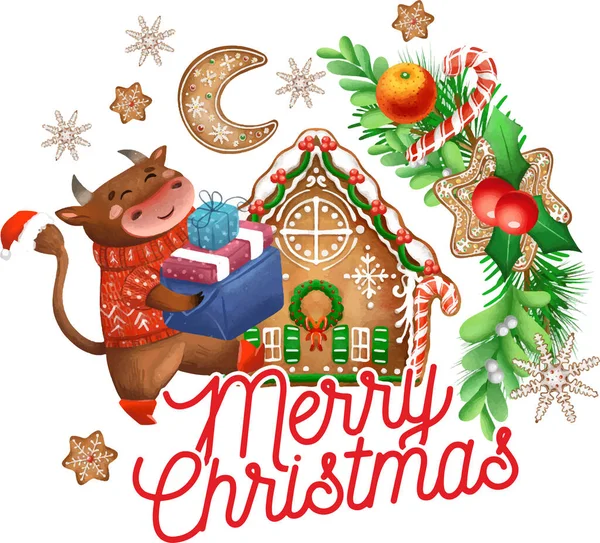 矢量圣诞插图 2021年的象征 卡通片公牛 新年的动物 有趣的公牛穿着圣诞毛衣和礼物 圣诞卡假日作曲 装饰部分 — 图库矢量图片