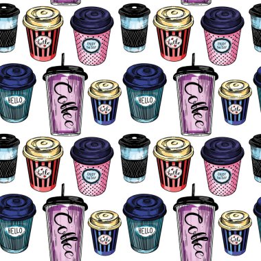 Kusursuz desen, raster çizimi. Kahve, fincan, kapuçino, hamur işi, kurabiye ve kurabiye çizimleri..