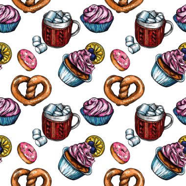 Kusursuz desen, raster çizimi. Kahve, kek, kek, kek, hamur işi, çörek, kurabiye ve kurabiye çizimleri..