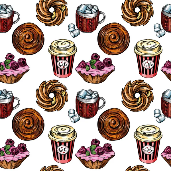 Бесшовный Рисунок Растровая Иллюстрация Print Drawings Coffee Cupcakes Muffins Pastries — стоковое фото