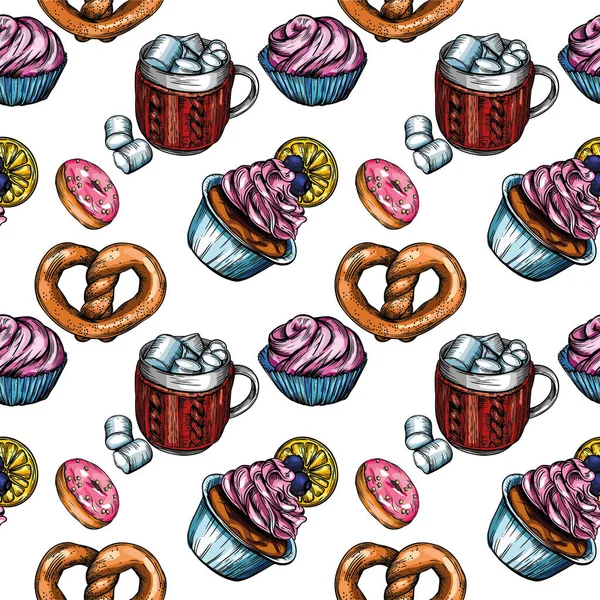 焼き菓子 クッキー コーヒーのシームレスなベクタープリント ブレッツェリ カップケーキ マカロン ホットカプチーノ — ストックベクタ