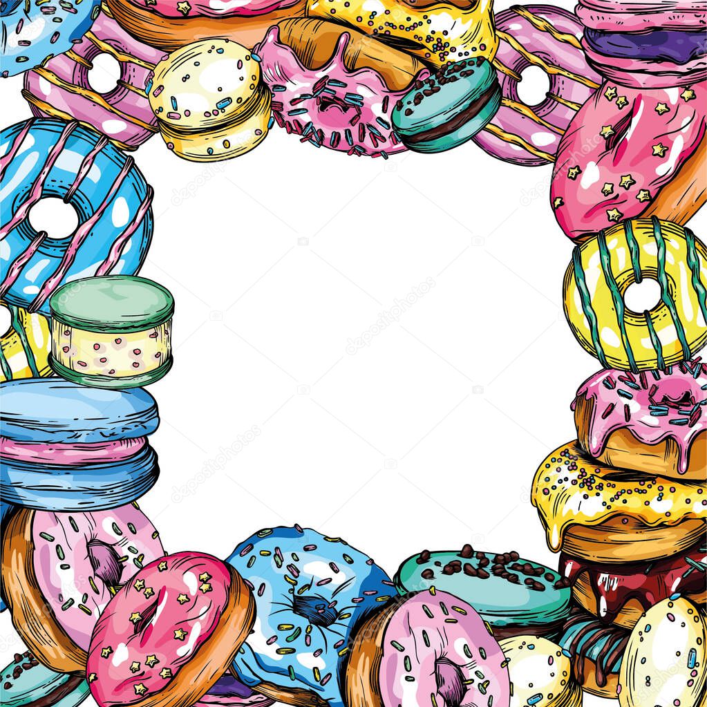 Vector illustration of donuts. Different doughnuts, macarons, cookies, icing, decoration. Bright postcards and colorful banners.