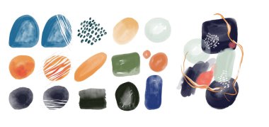 Soyutlamalarla dolu bir set. Çeşitli resim öğeleri. Fırçalar, boyalar, renkler, çizgiler. Soyut resim. Parlak sulu renkler ve bir sürü doku..