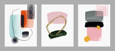 Kartpostalların soyutlanması. Minimalist stil. Resimli kartpostallar. Fırça ve boya darbeleri. Boya, suluboya, çizgiler, pastel renkler, doku..