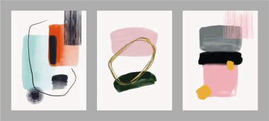 Kartpostalların soyutlanması. Minimalist stil. Resimli kartpostallar. Fırça ve boya darbeleri. Boya, suluboya, çizgiler, pastel renkler, doku..