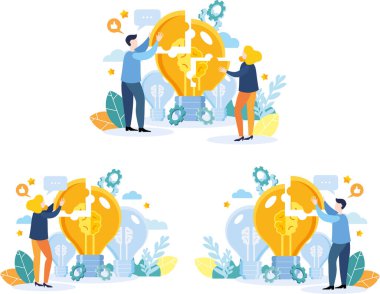 Bir adam bulmacayı ampulle birleştirir. Bir yapboz yap, bir fikir yarat. Modern düz renkli vektör çizimi.