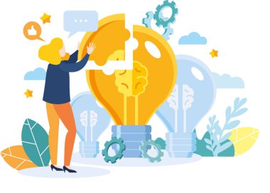 Bir adam bulmacayı ampulle birleştirir. Bir yapboz yap, bir fikir yarat. Modern düz renkli vektör çizimi.