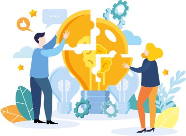 Bir adam bulmacayı ampulle birleştirir. Bir yapboz yap, bir fikir yarat. Modern düz renkli vektör çizimi.