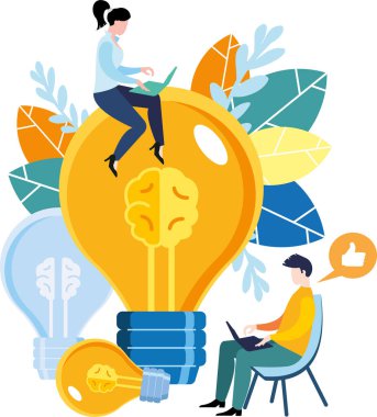 Modern parlak düz tasarım. Takım çalışması, fikir arayışı, beyin fırtınası, büyük ampul harika bir fikir..