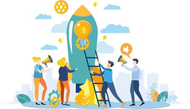 Başlangıç illüstrasyonunda birbirine sıkı sıkıya bağlı takım çalışması. Düz dizayn. Meslektaşlar bir roket yapıyorlar. İşbirliği. Megafonlu insanlar. Parlak renkli modern tasarım.