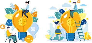 Modern parlak düz tasarım. Takım çalışması, fikir arayışı, beyin fırtınası, büyük ampul harika bir fikir..