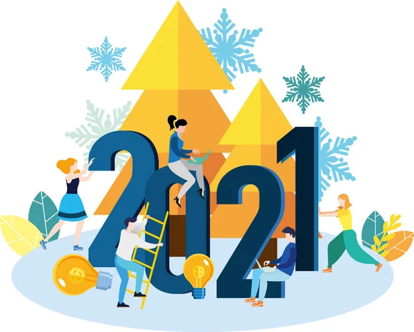 New year\'s business illustration 2021. Flat design. A group of people, men and women, employees and colleagues are preparing for the new year 2021. Big Christmas tree toy. Christmas tree.