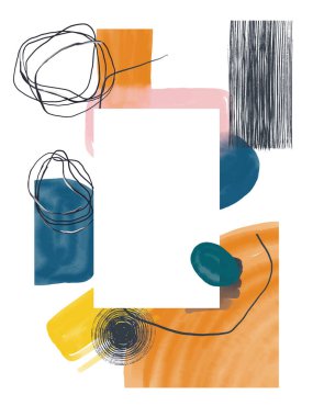 Soyut kartpostallar. Resimsel soyutlama. Fırça darbeleri, boyalar, parmak izleri ve çizgiler. Renkli tasarım kartları.