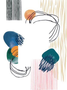 Soyut kartpostallar. Resimsel soyutlama. Fırça darbeleri, boyalar, parmak izleri ve çizgiler. Renkli tasarım kartları.