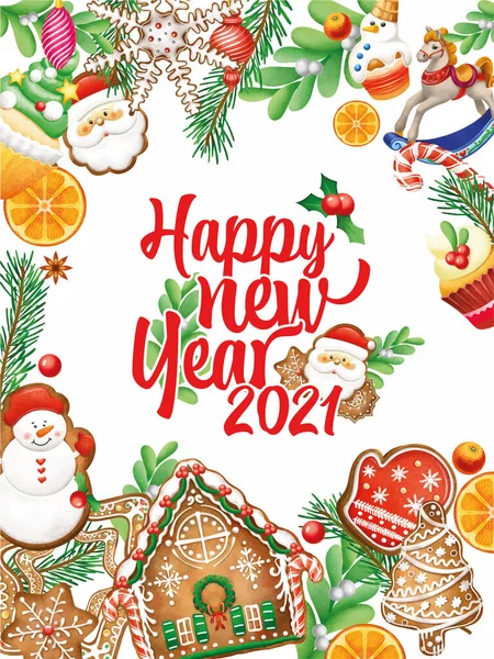 2021年新年カード 新年とクリスマスおめでとうございます ジンジャーブレッド クリスマスデコレーション クリスマスツリー クリスマスイラスト — ストック写真