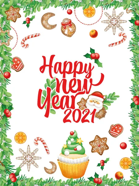 Πρωτοχρονιάτικη Κάρτα 2021 Ευτυχισμένο Νέο Έτος Και Χριστούγεννα Μελόψωμο Χριστουγεννιάτικα — Διανυσματικό Αρχείο