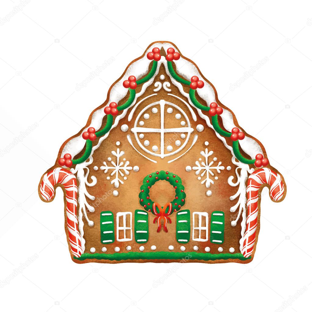 Gingerbread house. Christmas gingerbread in the form of an elegant house. Holiday pastries.Bright and colorful illustration.