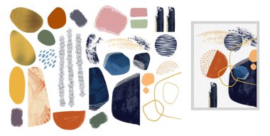 Geniş bir soyut element kümesi. Suluboya vuruşları, fırçalar, boyalar, şekiller.