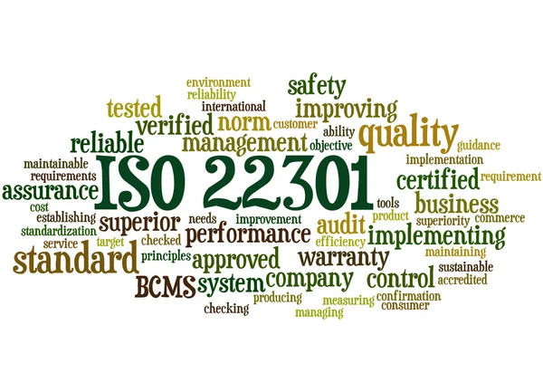 ISO 22301 - zarządzanie ciągłością usług biznesowych, słowo cloud koncepcja 6 — Zdjęcie stockowe