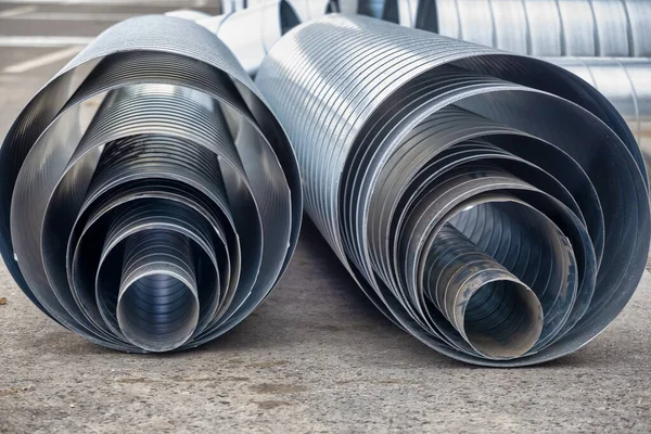 Different Diameter Steel Pipes Ventilation System Construction Site — Stock Photo, Image