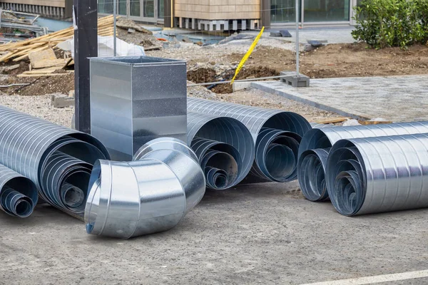 Diversi Tubi Acciaio Sistema Ventilazione Aria Condizionata Cantiere — Foto Stock