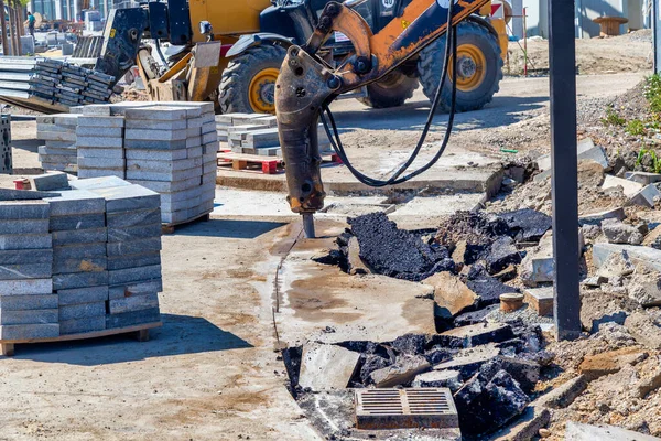 Repairing Works Breaking Asphalt Pavement Jackhammer — Stock Photo, Image