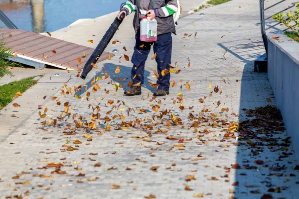 Outdoor Worker Blowing Fallen Leaves Park — Stock Photo, Image
