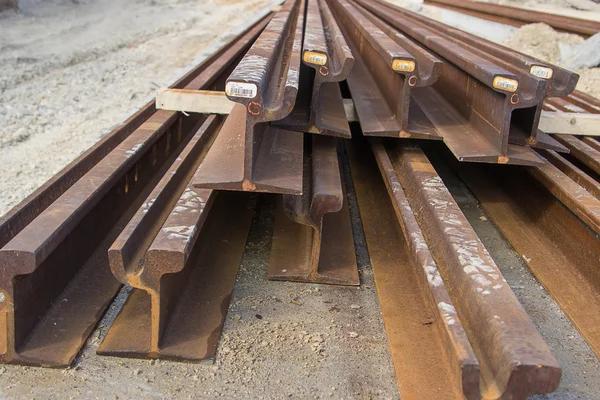 Heap of steel rusty tram rails — Stock Photo, Image