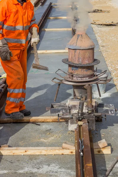 Thermite welding, installation of tram tracks 2 — Stock Photo, Image