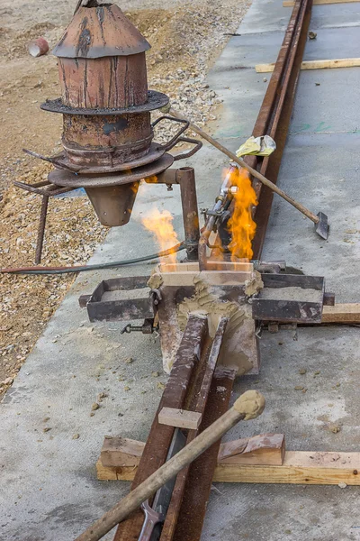 Thermit rail welding, join tram tracks — Stock Photo, Image