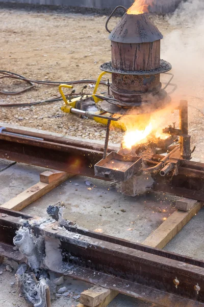 Thermite welding, installation of tram tracks — Stock Photo, Image
