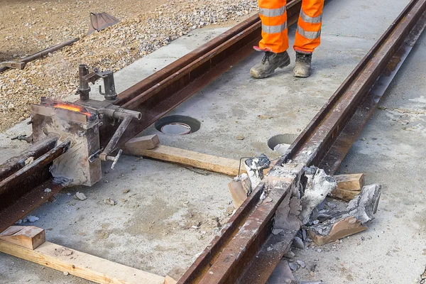 Tram tracks being joined 2 — Stock Photo, Image