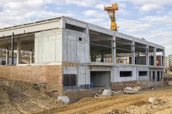 Construction site of supermarket with crane — Stock Photo, Image