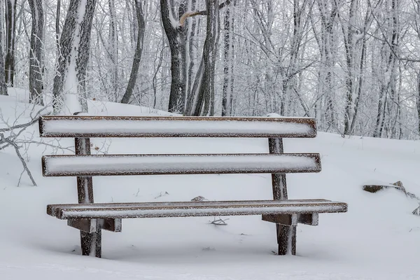 Verschneite hölzerne Sitzbank im Park 4 — Stockfoto