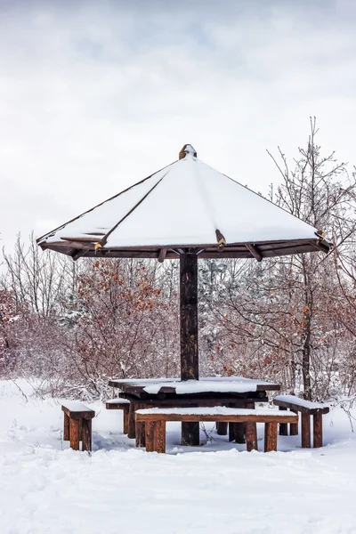 Kış, ahşap şemsiye ile ahşap piknik masası — Stok fotoğraf