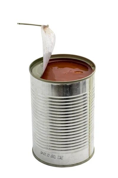 Opened metal can with pieces of tomatoes — Stock Photo, Image