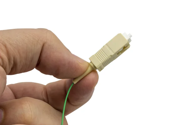 Dedos que sostienen un conector de fibra óptica con cable de fibra — Foto de Stock