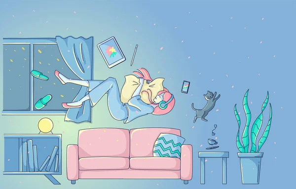 Una mujer volando mientras duerme en el sofá de su habitación por la noche. Quédate en casa. — Vector de stock